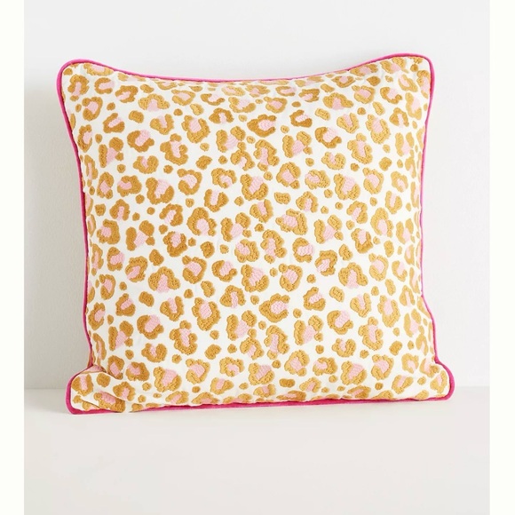 NEW Anthropologie Ruthie Cotton Embroidered Leopard Pillow Ochre 18”